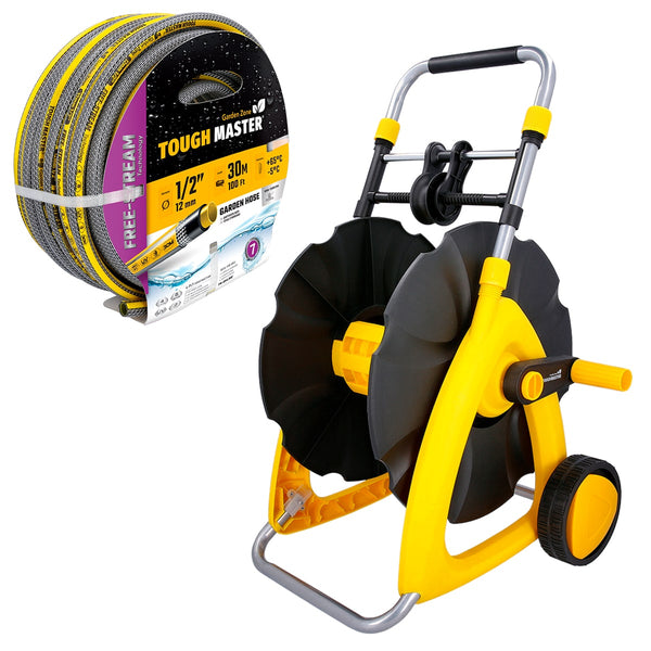 TOUGH MASTER® Hose Reel Cart Hose Trolley with hose guide & telescopic handle + 30m/100ft Anti-Kink Hose Pipe 4 layers